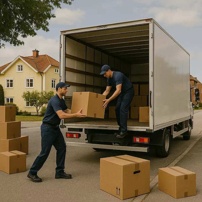 flyttbil-helgflytt-flyttpersonal-arbete Flyttbil lastas under en helgflytt med flyttpersonal i arbete